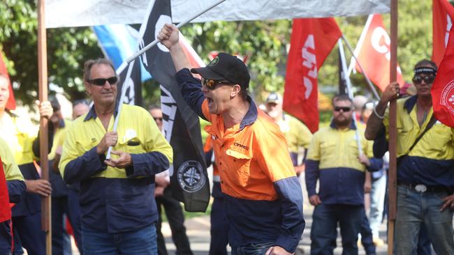 Rolly Cummins leads a rally outside the Spence St administration building of Cairns Regional Council over wages. Picture: Stewart McLean