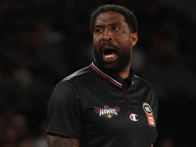 MELBOURNE, AUSTRALIA - MARCH 02: Justin Tatum, head coach of the Hawks reacts during game two of the NBL Semi Final Series between South East Melbourne Phoenix and Illawarra Hawks at John Cain Arena, on March 02, 2025, in Melbourne, Australia. (Photo by Daniel Pockett/Getty Images)