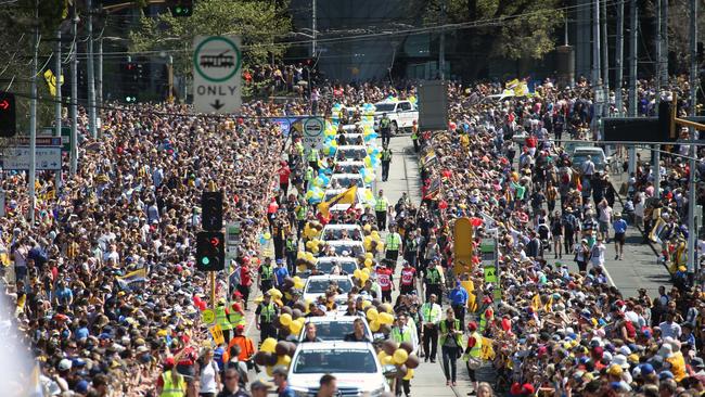 The 2015 Grand Final Parade travelling its new route through the streets of Melbourne. Wellington Parade during the parade. Picture: Alex Coppel.