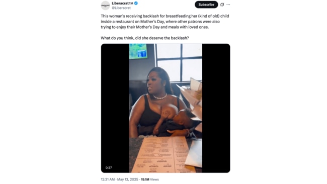 The viral video posted to X shows the mother breastfeeding her child while ordering. Image: X/Liberacat