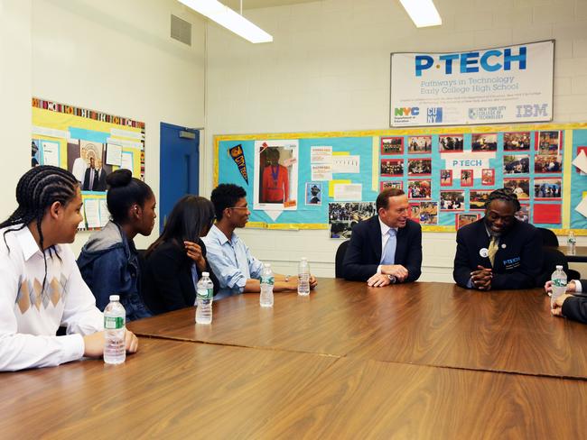 Looks like any other classroom: Tony Abbott visits P-Tech High School in Brooklyn. Picture: Josh Wilson
