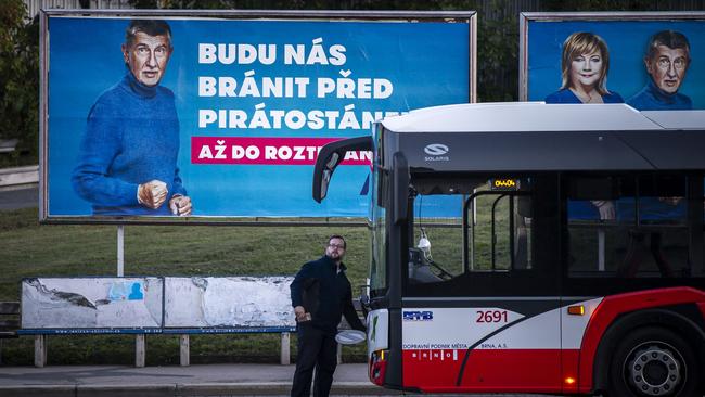 Andrej Babis, on an election poster in Brno, did not declare the purchase of a €20m estate on the Cote d’Azur in the south of France. Picture: Getty Images