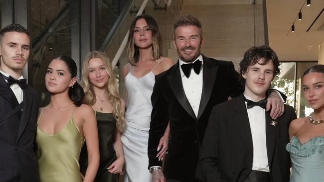 Romeo Beckham, Kim Turnball [left] with Harper Beckham, Victoria Beckham, David Beckham, Cruise Beckham and Jackie Apostel. Picture: Instagram.