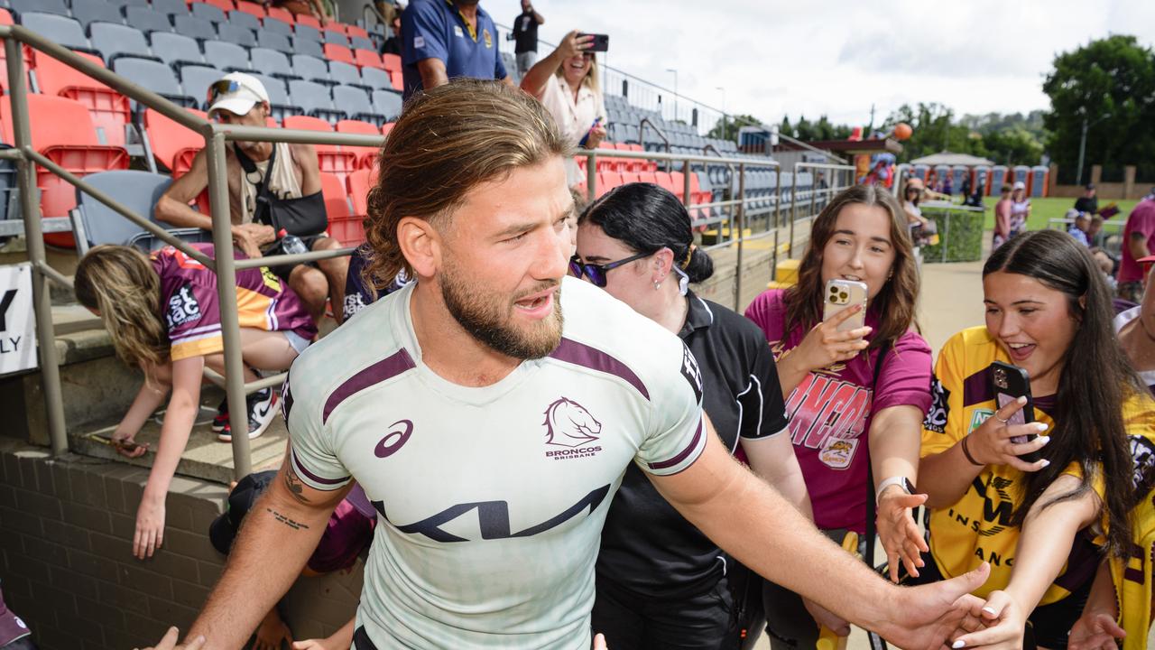 Patrick Carrigan takes to the field at the Brisbane Broncos Captain's Run and Toowoomba Fan Day at Toowoomba Sports Ground, Saturday, February 15, 2025. Picture: Kevin Farmer