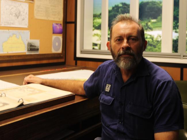 Jared Archibald at the MAGNT Cyclone Tracy exhibition, remembering what it was like coming to Darwin after the tragedy. Picture: Sam Lowe