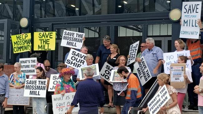 About 50 Mossman and Douglas Shire residents held a demonstration out the front of a community cabinet meeting in Cairns in February advocating for the government to step in and offer the Mossman mill a lifeline. It prompted Premier Steven Miles to announce a $12m package. Picture: Supplied