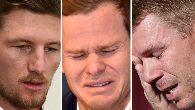 Cameron Bancroft (from left), Steve Smith and David Warner are serving their bans for ball tampering despite a report finding Cricket Australia should also share the blame.