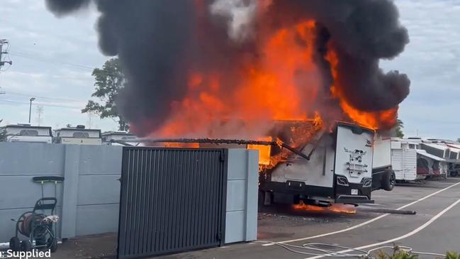 Jayco Bundaberg have had one of their for sale caravans destroyed following fire. Pictures: ABC Wide Bay