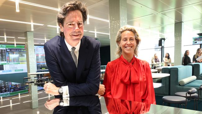 Tabcorp CEO Gillon McLachlan and with VRC CEO Kylie Rogers at Flemington during the Melbourne Cup carnival. Picture: David Caird