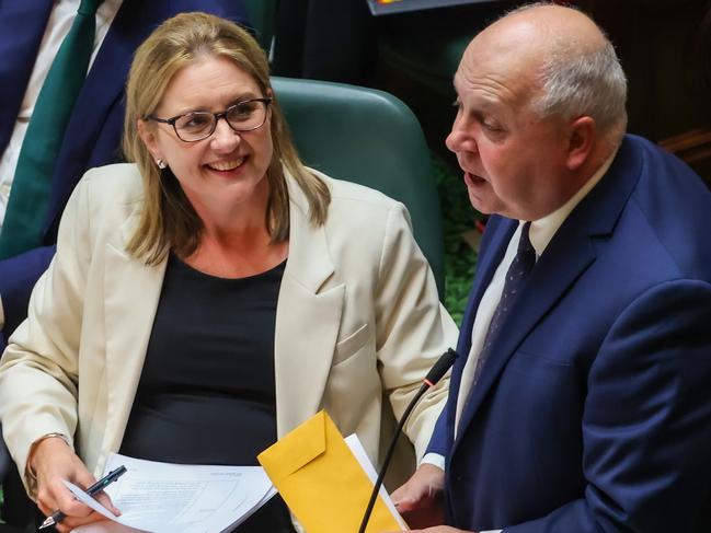 MELBOURNE, AUSTRALIA - NCA NewsWire Photos NOVEMBER 30, 2023 : Victorian Parliament question time during the last sitting day of the year. Deputy Premier Ben Carroll and Premier Jacinta Allan look on as the Treasurer Tim Pallas takes to his feet. Picture: NCA NewsWire / Ian Currie