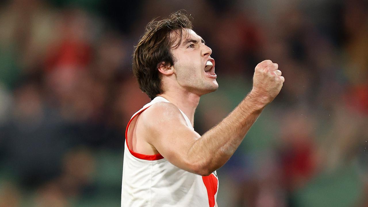 Logan McDonald celebrates a last quarter goal. Picture: Michael Willson/AFL Photos via Getty Images