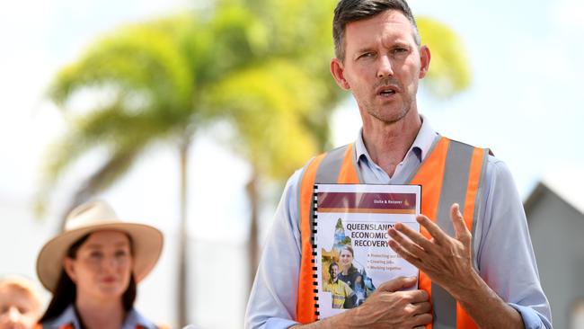 Queensland Transport Minister Mark Bailey speaks as he and Premier Annastacia Palaszczuk visit the Old Rockhampton Train Workshop in Rockhampton. Picture: NCA NewsWire/Dan Peled