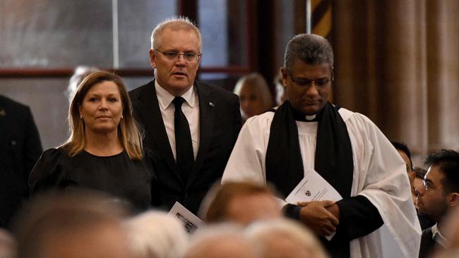 Australia's Prime Minister Scott Morrison and his wife Jenny Morrison attend a special prayer service to commemorate the death of Prince Philip, Duke of Edinburgh. Picture: AFP