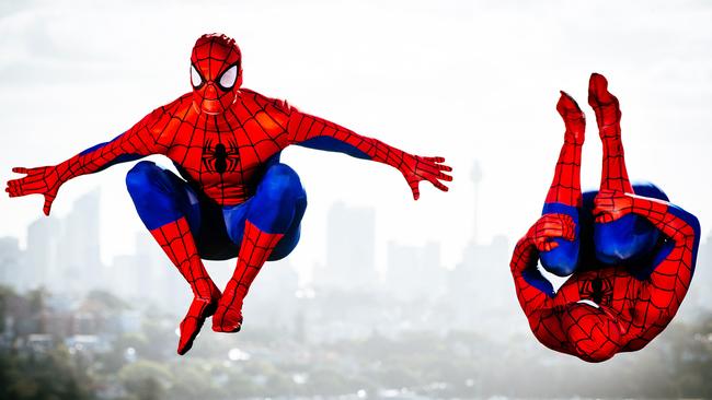 Parkour twins Dylan and Brodie Pawson dressed as Spider-Man. Picture: Jonathan Ng