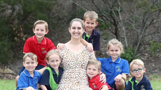 Norfolk Sate School teacher Krystal Brown with students Flynn Healy, Oakleigh Meier, Eliza Champs, Levi Meier, Cooper Hillman, Belle Healy and Liam Hillman. Picture: Jason O'Brien.