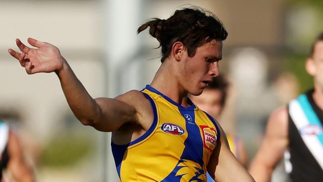 PERTH, AUSTRALIA - FEBRUARY 24: Jai Culley of the Eagles kicks the ball during the 2023 AFL match simulation between the West Coast Eagles and the Port Adelaide Power at Mineral Resources Park on February 24, 2023 in Perth, Australia. (Photo by Will Russell/AFL Photos via Getty Images)