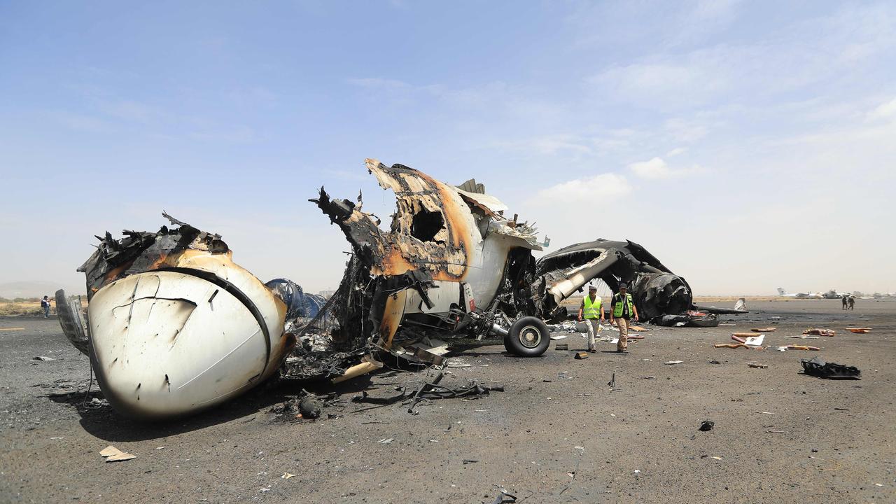 A destroyed plane sits on the tarmac at the Sanaa International Airport on May 7, 2025, a day after Israel's military warplanes struck Yemen's rebel-held capital Sanaa. Picture: Mohammed Huwais / AFP
