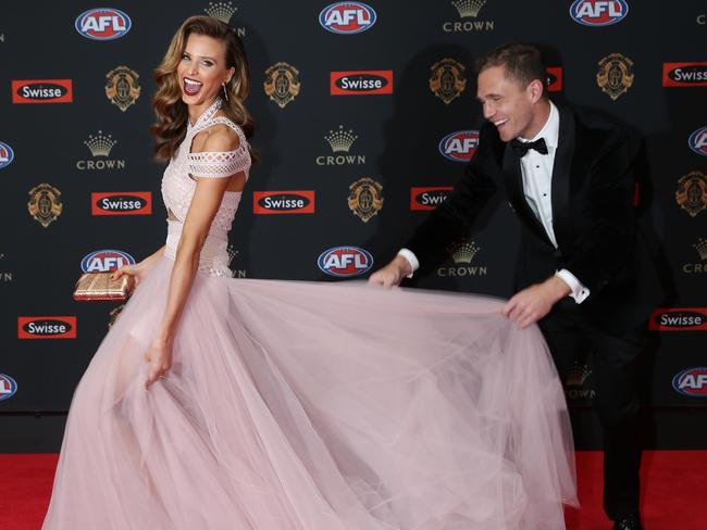 Geelong's Joel Selwood and Brit Davis on the 2016 Brownlow Medal red carpet. Picture: Michael Klein