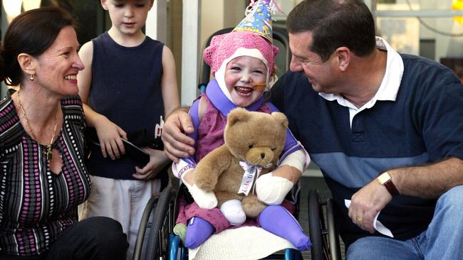 Sophie Delezio, aged three, leaves Westmead Children's Hospital six months after she was trapped under a car that crashed into a childcare centre. Picture: Marc McCormack