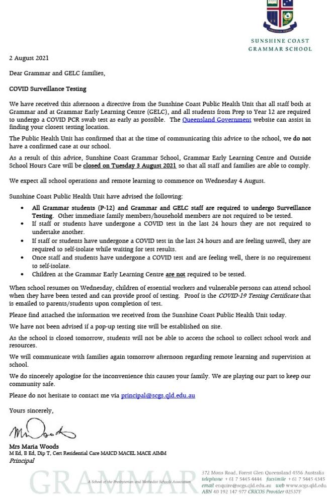 An email sent to parents by principal Maria Woods stated Sunshine Coast Grammar School students and staff would undergo precautionary surveillance Covid-19 testing as soon as possible.