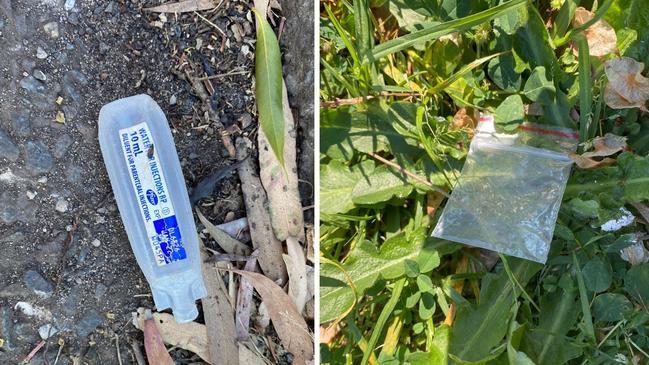 An empty plastic container that once held 'water for injections' lays in the gutter in front of Bryant Park, Greenacre (left). A small plastic ziplock bag is found on the nature strip in front of the Park. Image taken October 13, 2020 Pictures: Alyce Mokrzycki