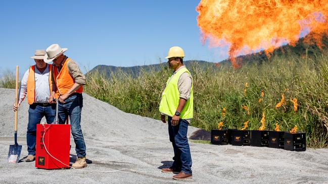 Hill MP Shane Knuth, Kennedy MP Bob Katter and KAP candidate for Leichhardt Rod Jensen let of mock explosions to "blast" the major parties into action on the Bridle Track tunnel. Picture: Supplied