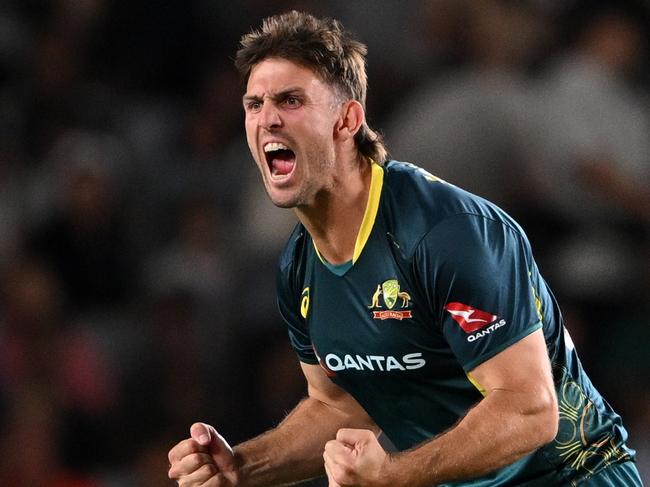 AUCKLAND, NEW ZEALAND - FEBRUARY 23: Mitchell Marsh of Australia celebrates the wicket of Mark Chapman of the New Zealand Black Caps during the game two of Men's T20 International series between New Zealand and Australia at Eden Park on February 23, 2024 in Auckland, New Zealand. (Photo by Hannah Peters/Getty Images)