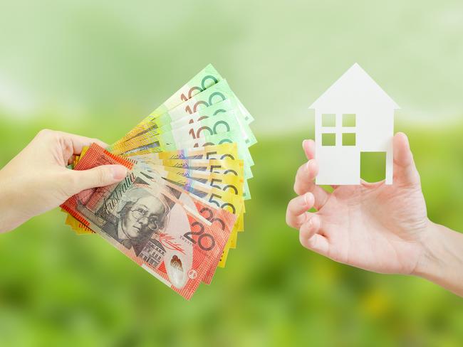 Client giving Australian money to property agent for buying house. Property and real estate concept. Housing invest generic.