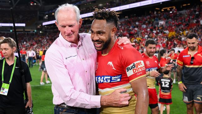 NRL 2024 RD26 Dolphins v Brisbane Broncos - Wayne Bennett and Hamiso Tabuai-Fidow Picture NRL Photos