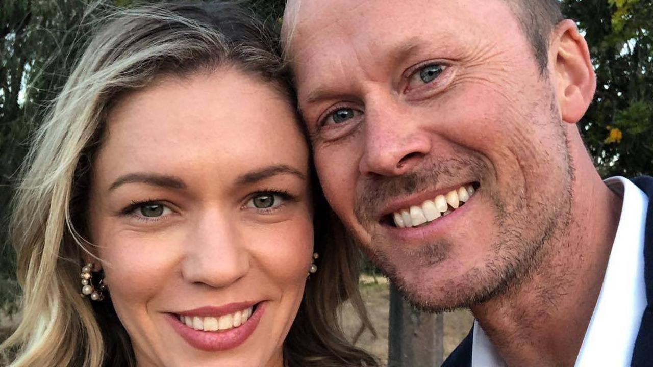 Ryan Glossop (pictured with his wife Fallon), 37, has shared graphic images of how he lost a huge chunk of neck and back in surgical procedures to rid him of melanoma.