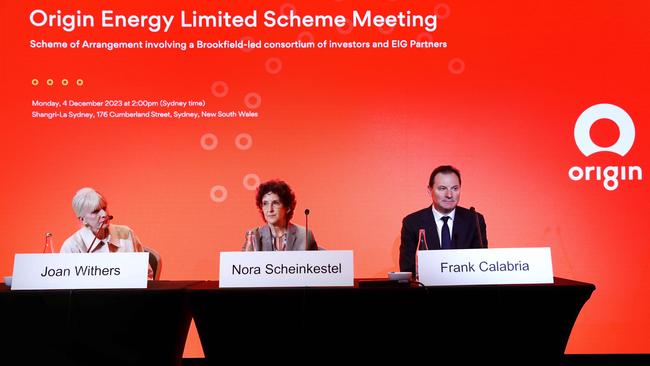 Origin Board members, from left: Joan Withers, Nora Scheinkestel and CEO Frank Calabria at the Origin Energy takeover scheme meeting. Picture: Jane Dempster