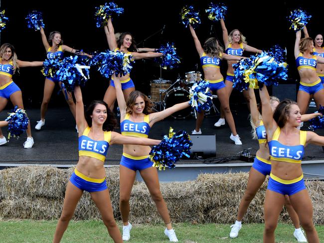 Parramatta Eels cheerleaders getting warmed up.