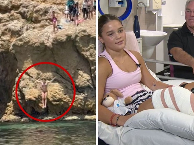 12yo breaks legs after popular cliff jump. Picture: 9News