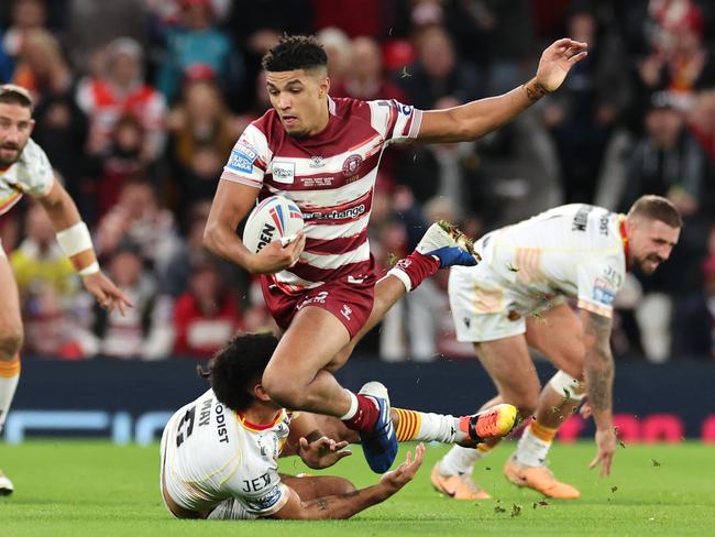 Newcastle recruit Kai Pearce-Paul makes a break for Wigan Warriors. Picture: Getty Images