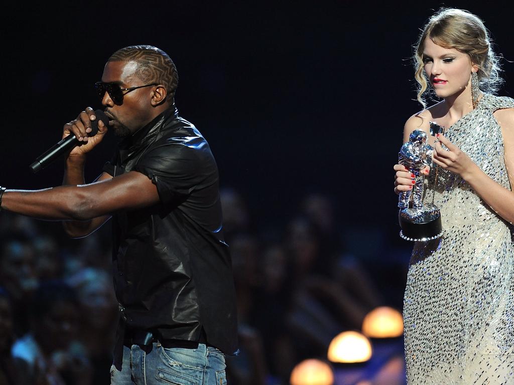 Where it all started, back in 2009 when West stole Swift’s moment at the MTV VMAs. Picture: Kevin Mazur/WireImage