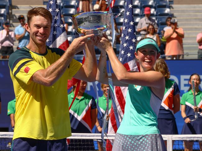 Rockhampton -born Storm Sanders and playing partner John Peers celebrate their three-set win in the mixed doubles at the US Open. (Photo by Mike Stobe/Getty Images)