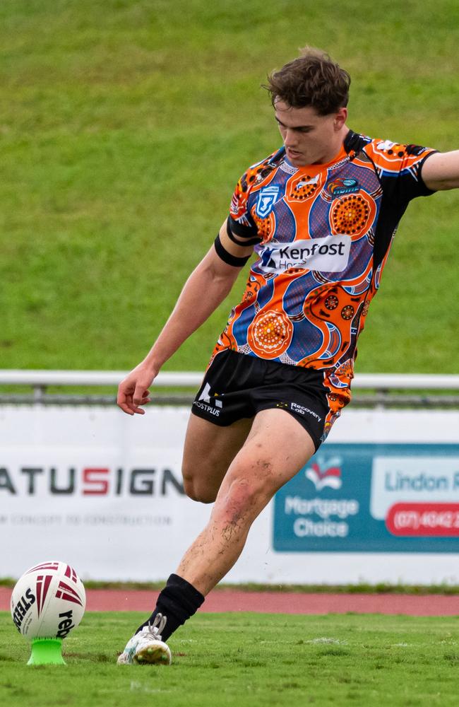 Northern Pride kicker Tom Duffy launches a conversion through the goals in their Hostplus Cup match against Central Queensland Capras at Barlow Park. Picture: Emily Barker