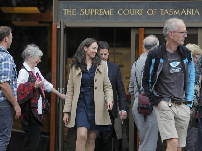 Sue Neill-Fraser's daughter Sarah Bowles leaves Hobart Supreme Court amid a crowd of supporters. Picture: PATRICK GEE