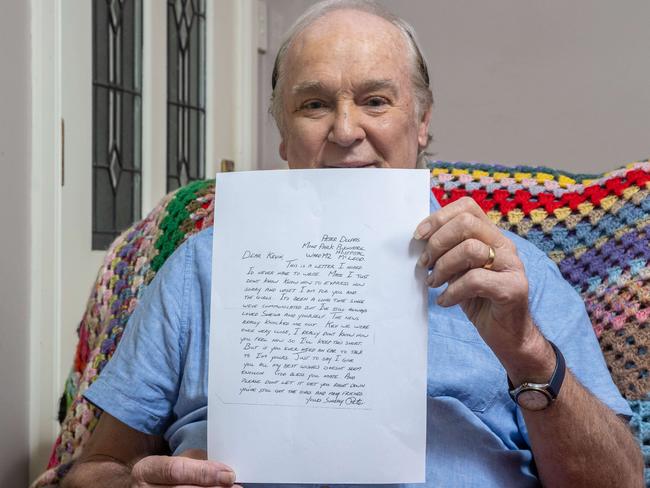 Kevin Elliot holds the compassionate letter Peter Dupas sent him from prison after his wife, Sheila, died. Picture: Jake Nowakowski