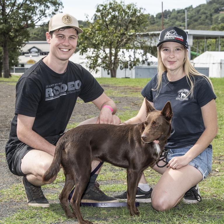 Anthony Salerno and Sarah Lemaurier with Annie the kelpie waiting to compete in the high jump. Toowoomba Royal Show. Friday, March 31, 2023. Picture: Nev Madsen.