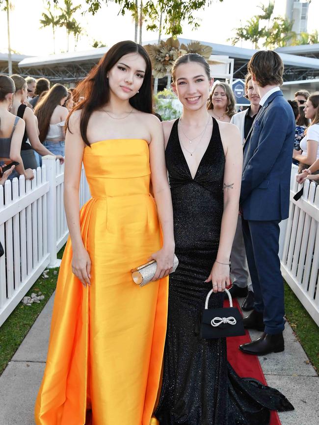 Sophie Day and Charlotte Frost at the 2023 Caloundra State High School Year 12 formal. Picture: Patrick Woods.