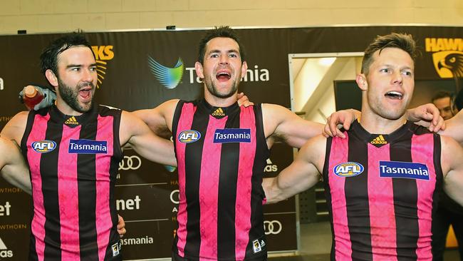 Jordan Lewis, Luke Hodge and Sam Mitchell all played on at other clubs after finishing at Hawthorn. Picture: Getty Images