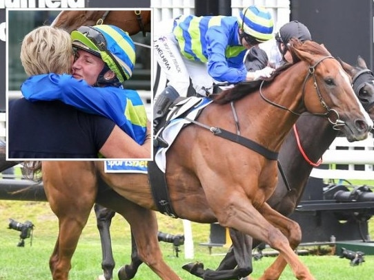 Jamie Kah wins the CF Orr Stakes and (inset) hugs Janice McKenna. Picture: Racing Photos/Getty Images