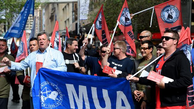 Sacked workers from Hutchison Ports and their supporters rallied outside at Pitt Street Mall in Sydney on Wednesday.