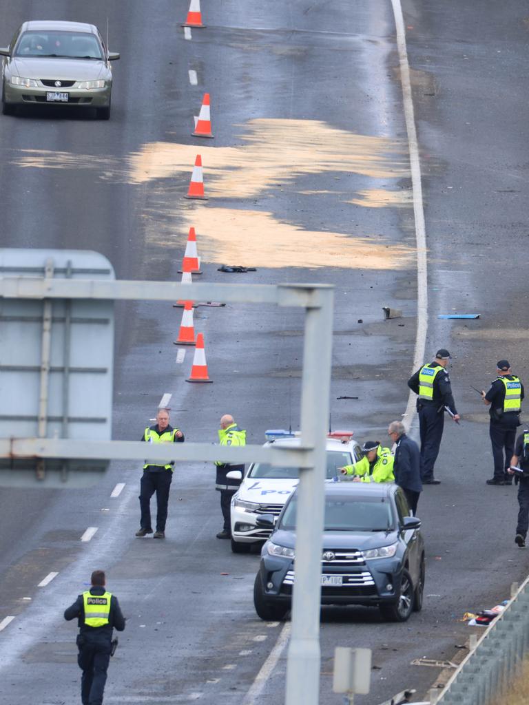 The truck was carrying sand, which spilt over the highway during the crash. Picture: Brendan Beckett