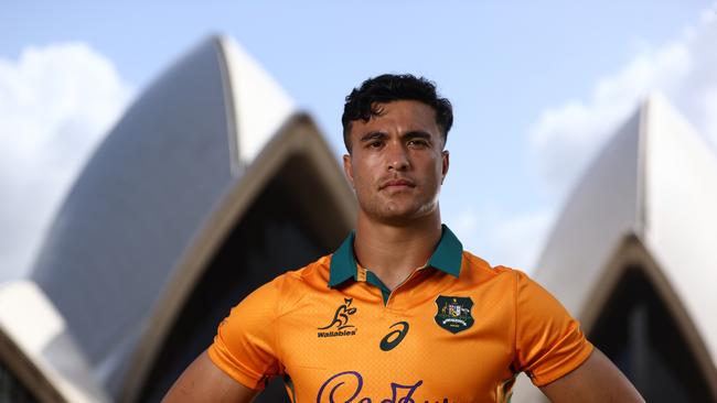 SYDNEY, AUSTRALIA - OCTOBER 29: Joseph-Aukuso Suaalii poses during the Wallabies jersey launch for the 2025 British & Irish Lions Tour at The Royal Botanic Gardens on October 29, 2024 in Sydney, Australia. (Photo by Jason McCawley/Getty Images)