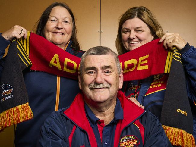 Tina and Peter Kauschke with Carmel Johnston in Seaton, before heading to Melbourne for the Crows game as COVID-19 borders ease, Tuesday, June 22, 2021. Picture: MATT LOXTON