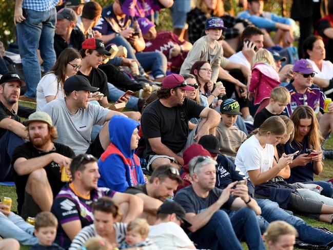 The crowd on the hill on August 2 for the Storm v Knights match. Picture: Bradley Kanaris/Getty Images