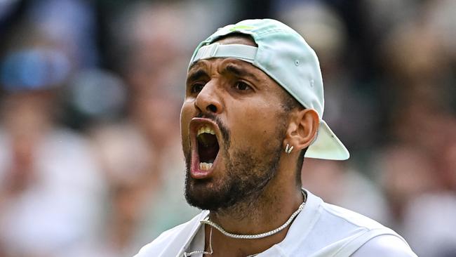 Australia’s Nick Kyrgios celebrates winning a point against unseeded American Brandon Nakashima during their round of 16 men’s singles tennis match at Wimbledon. Picture: AFP