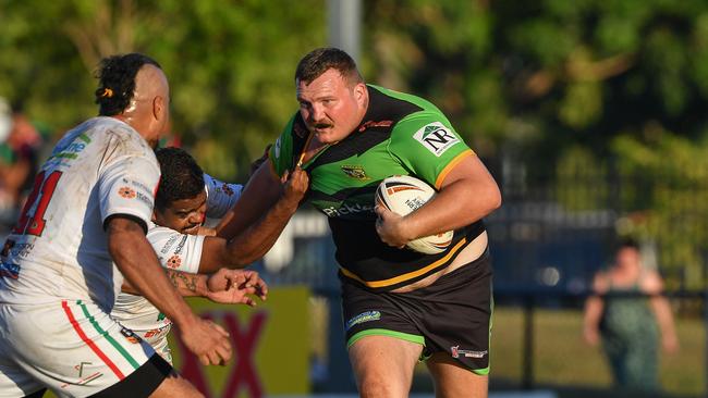 Ross Larsen on the charge as Palmerston Raiders take on Nightcliff Dragons in Round 8 of the 2023 NRL NT. Picture: Pema Tamang Pakhrin